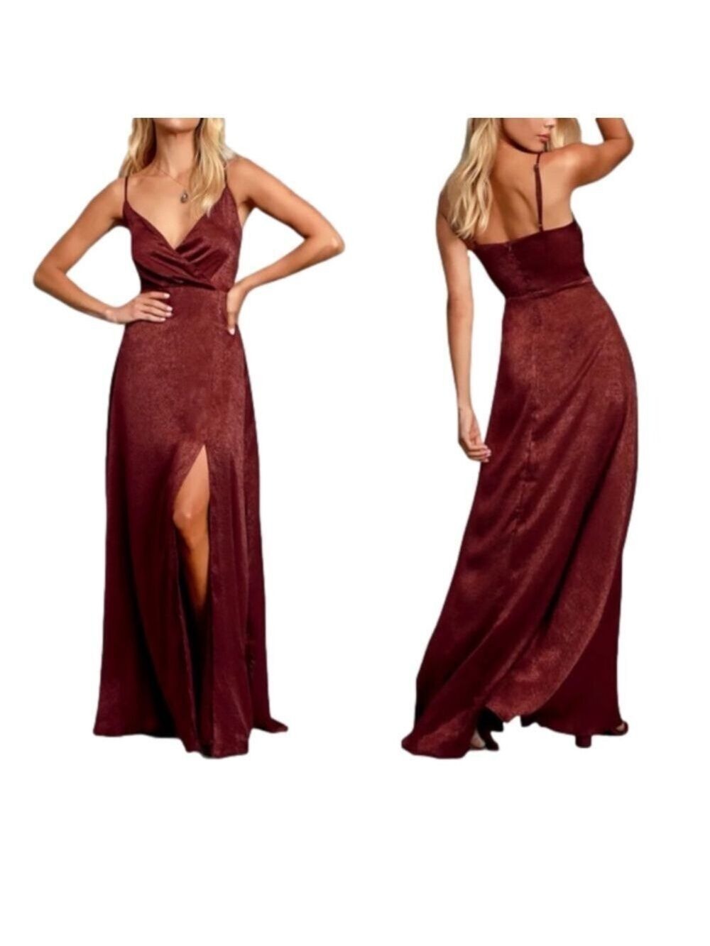 Lulus Burgundy Satin Maxi Dress Size XS NWT Wedding Pom Concert Party Pom - Picture 1 of 12